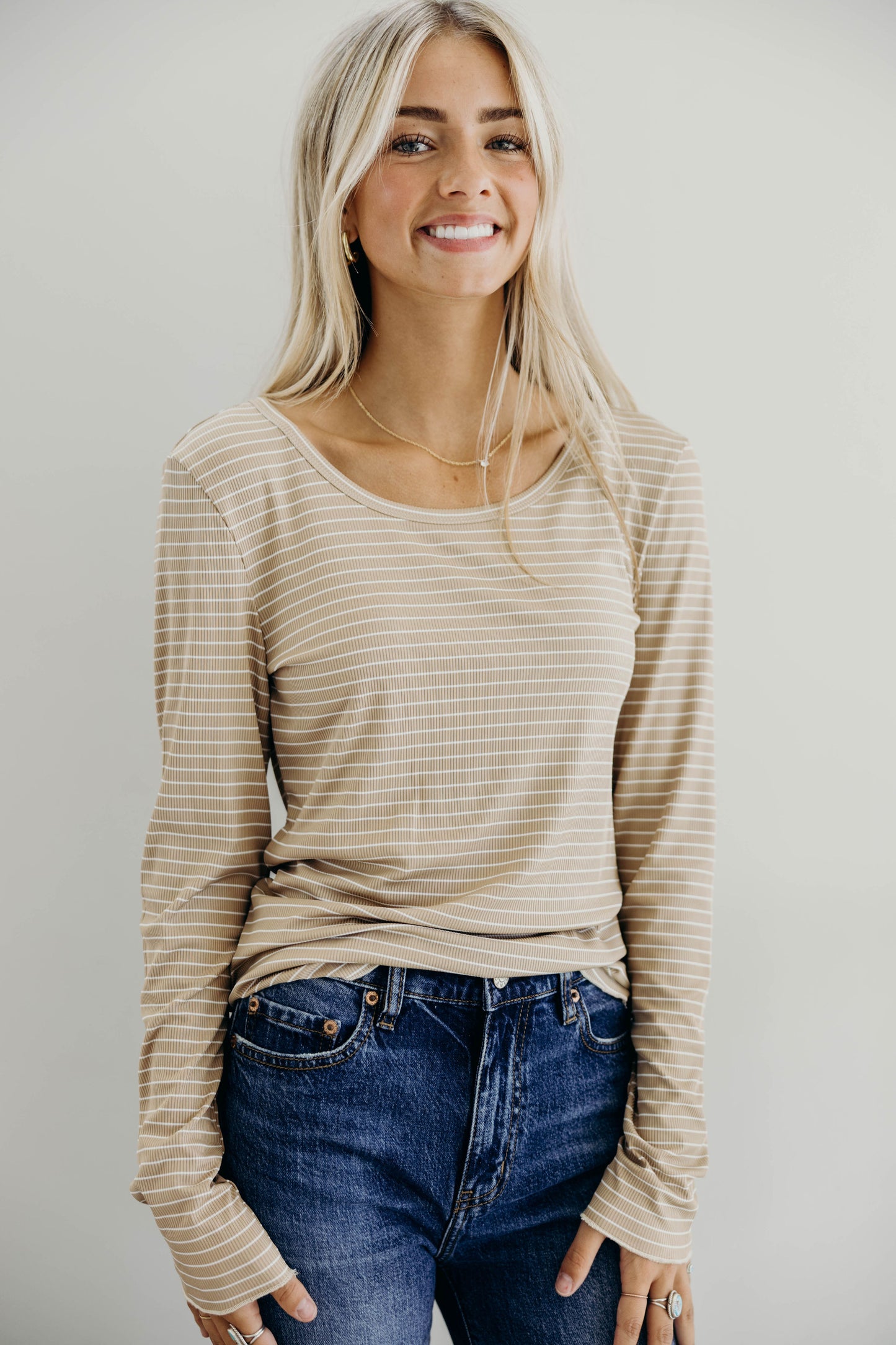LONG SLEEVE RIBBED TEE IN BEIGE STRIPE