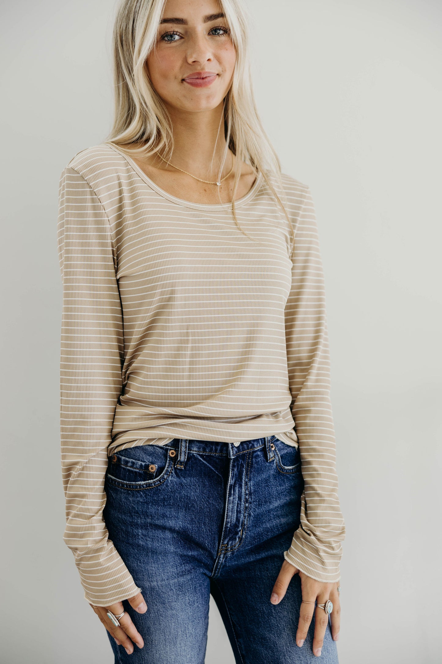 LONG SLEEVE RIBBED TEE IN BEIGE STRIPE