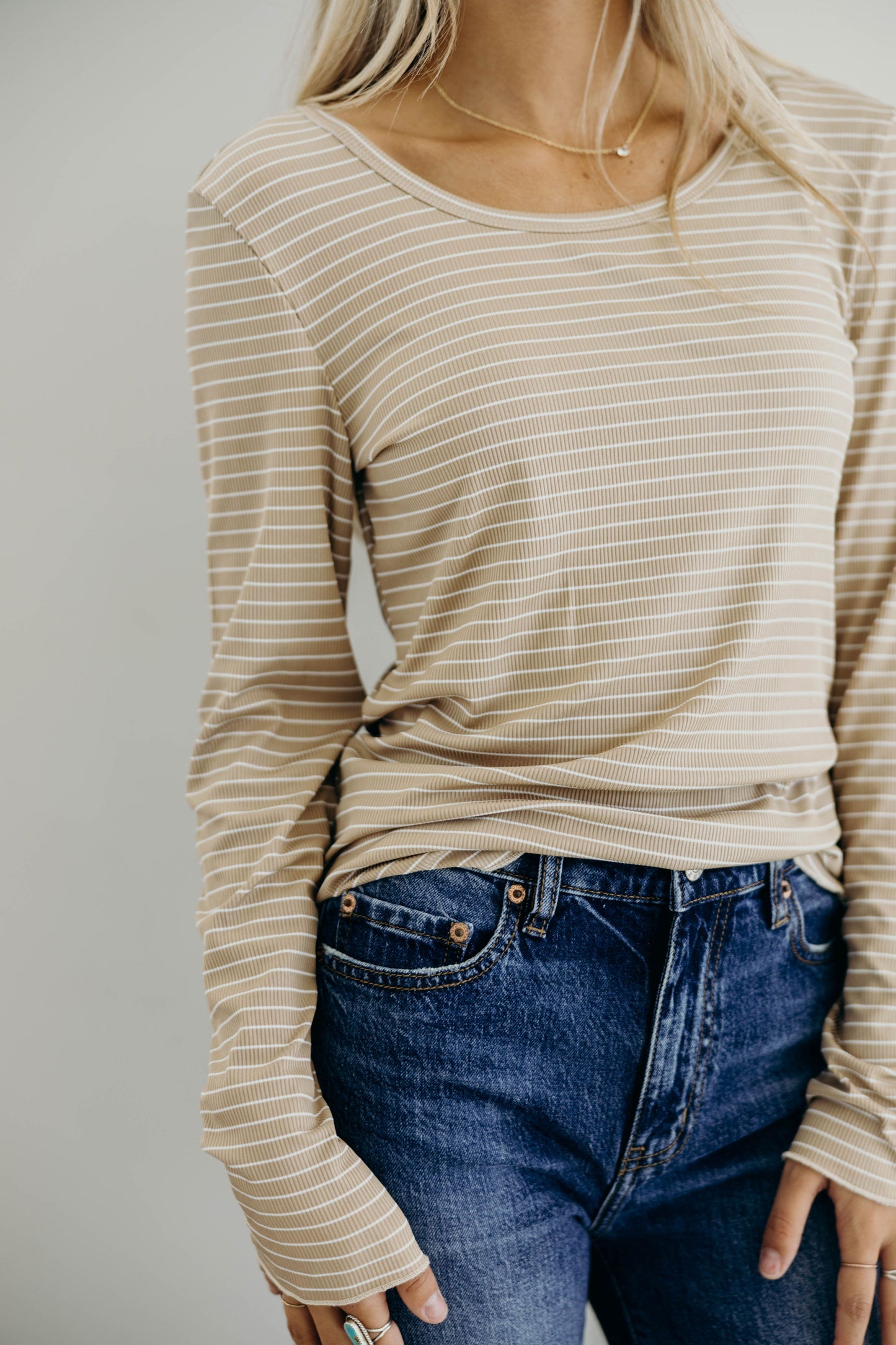 LONG SLEEVE RIBBED TEE IN BEIGE STRIPE