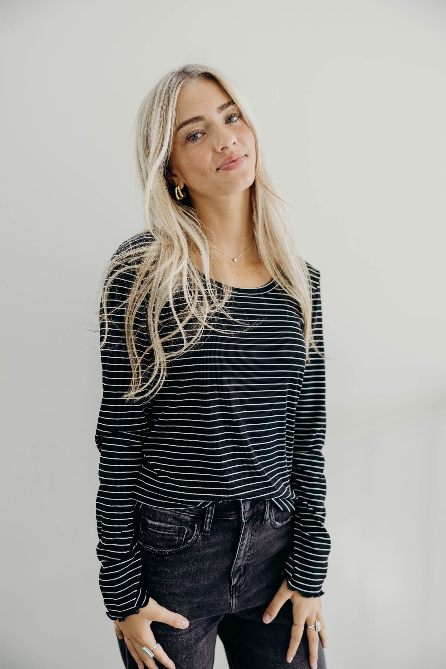 LONG SLEEVE RIBBED TEE IN BLACK STRIPE