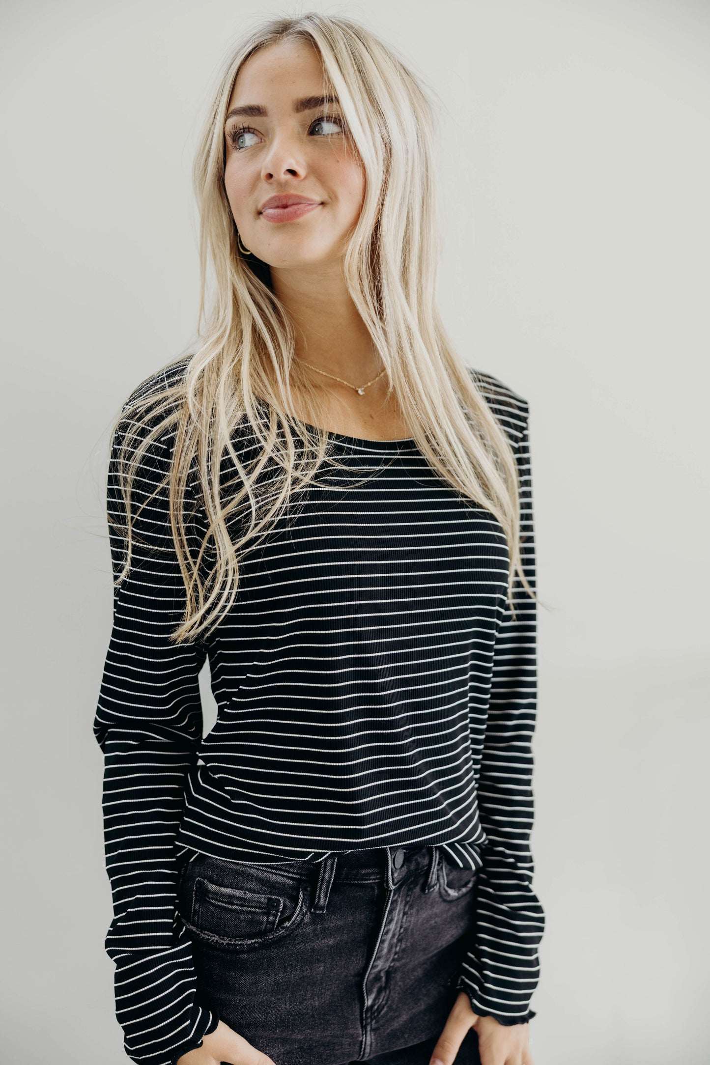 LONG SLEEVE RIBBED TEE IN BLACK STRIPE