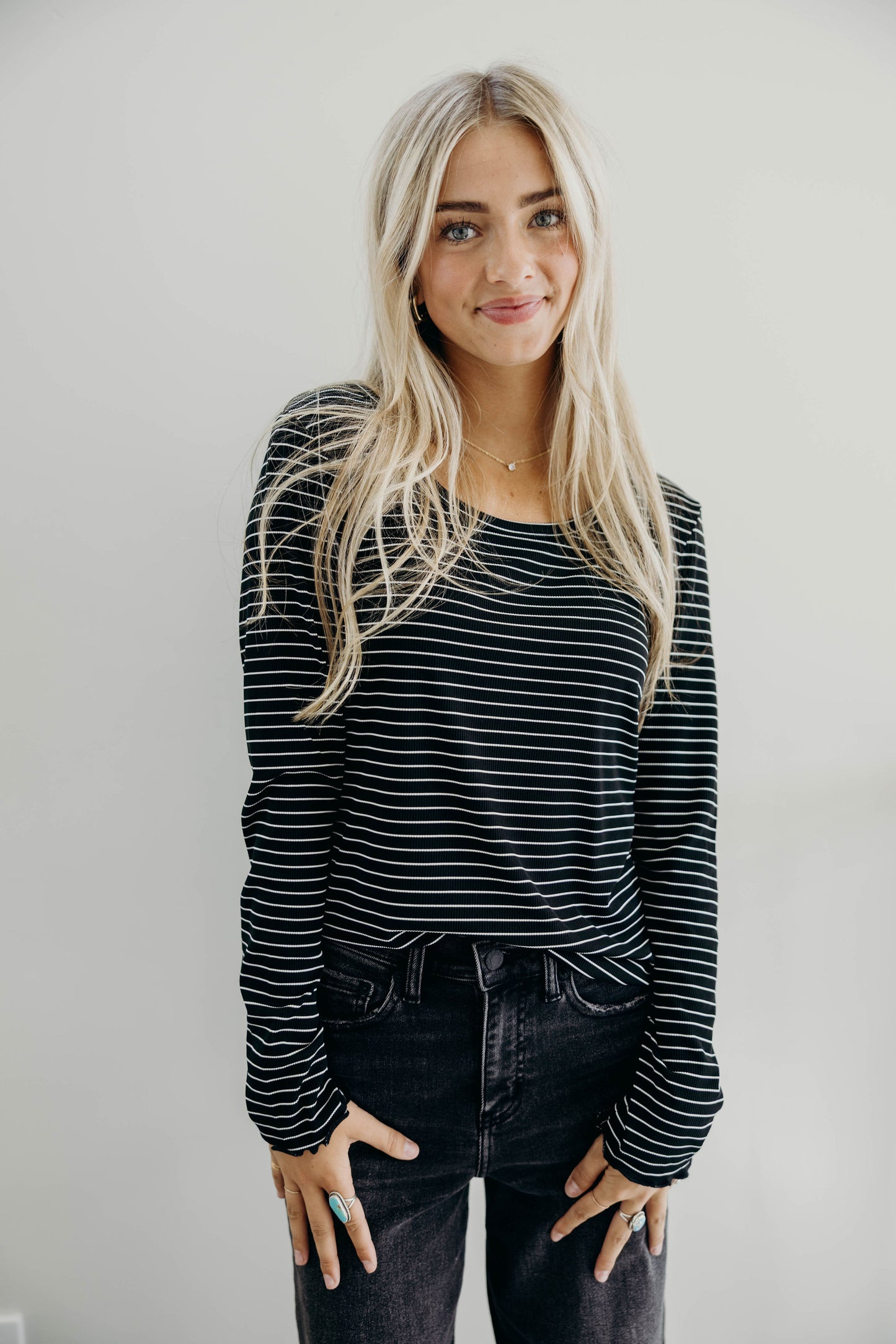 LONG SLEEVE RIBBED TEE IN BLACK STRIPE