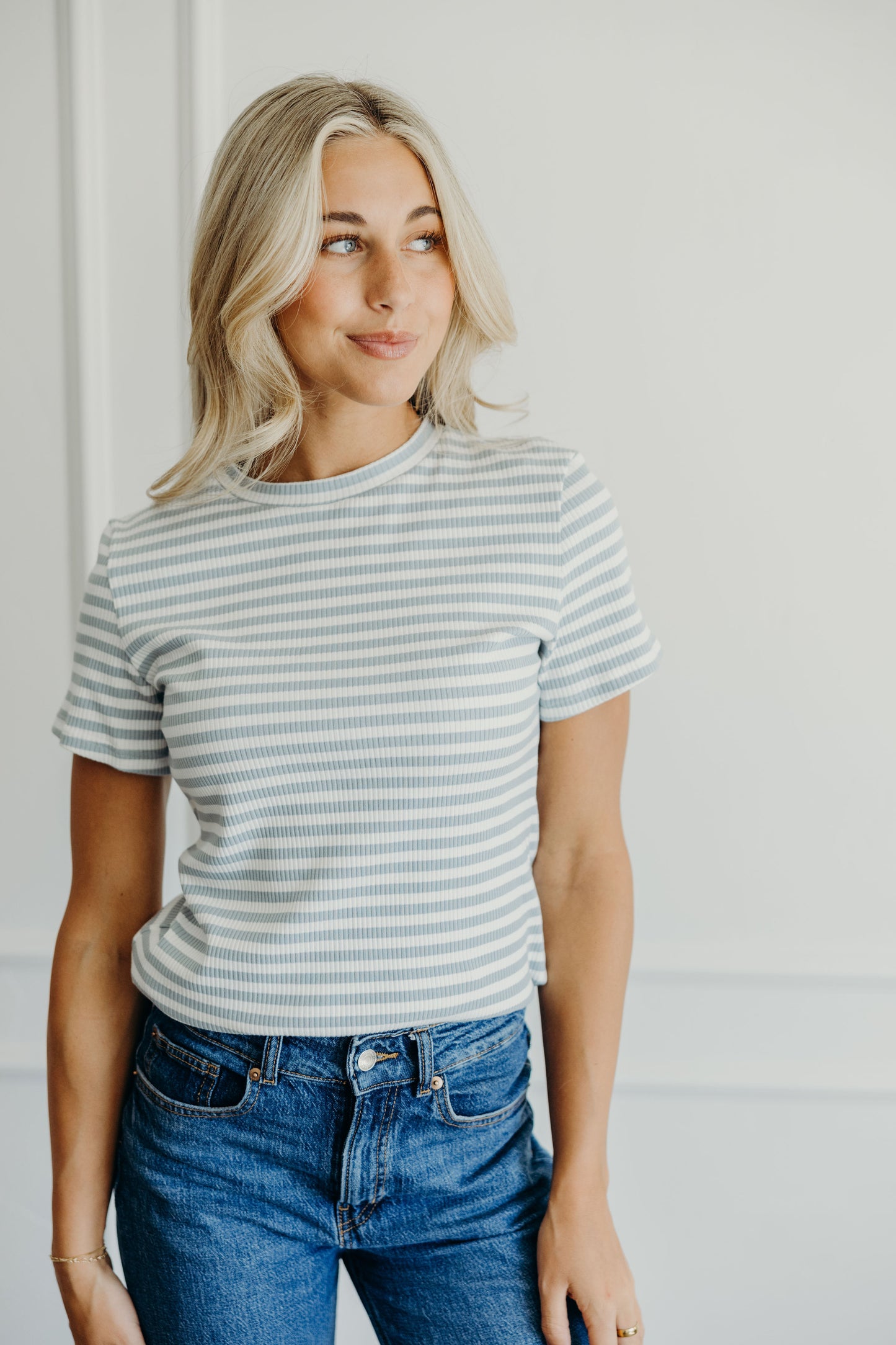 STRIPED RIBBED TEE IN BLUEBELL FINAL SALE