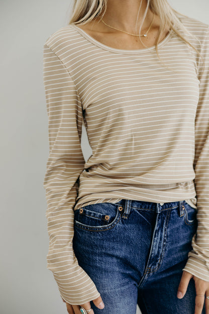 LONG SLEEVE RIBBED TEE IN BEIGE STRIPE