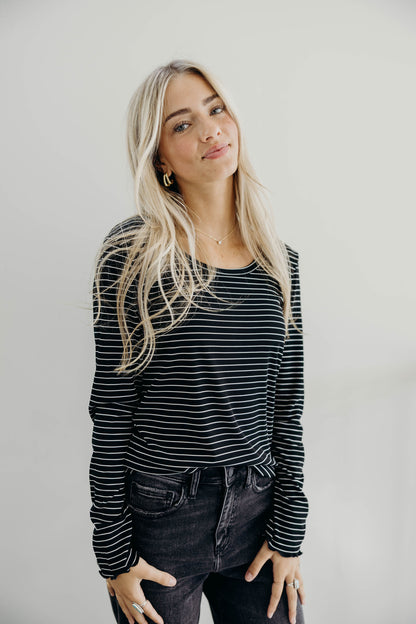 LONG SLEEVE RIBBED TEE IN BLACK STRIPE