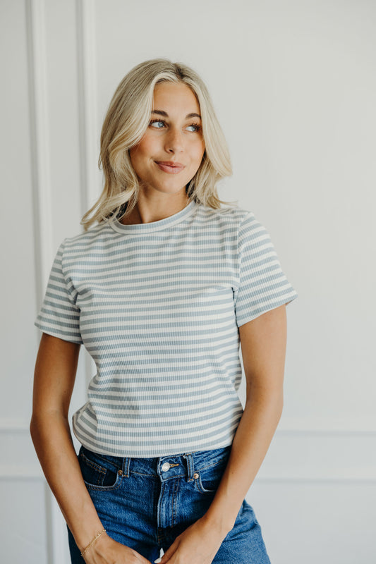 STRIPED RIBBED TEE IN BLUEBELL FINAL SALE